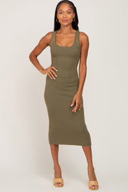 Olive Fitted Knit Midi Dress