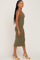 Olive Fitted Knit Midi Dress