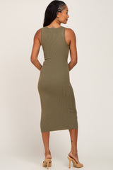 Olive Fitted Knit Midi Dress