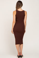 Brown Fitted Knit Maternity Midi Dress