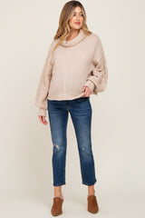 Beige Turtle Neck Contrast Knit Maternity Sweater