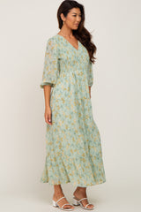 Mint Green Floral 3/4 Sleeve Tiered Maxi Dress