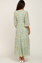 Mint Green Floral 3/4 Sleeve Tiered Maxi Dress