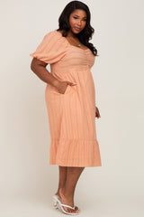 Peach Textured Sweetheart Plus Midi Dress