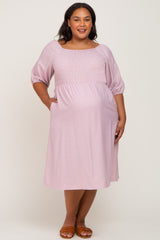 Lavender Smocked Square Neck Maternity Plus Midi Dress