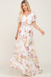 Cream Floral Chiffon Wrap Short Sleeve Maxi Dress