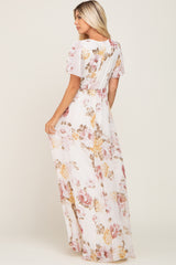 Cream Floral Chiffon Wrap Short Sleeve Maxi Dress