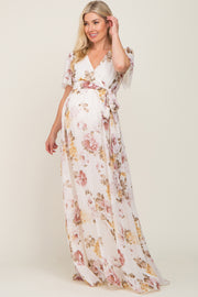 Cream Floral Chiffon Wrap Short Sleeve Maternity Maxi Dress