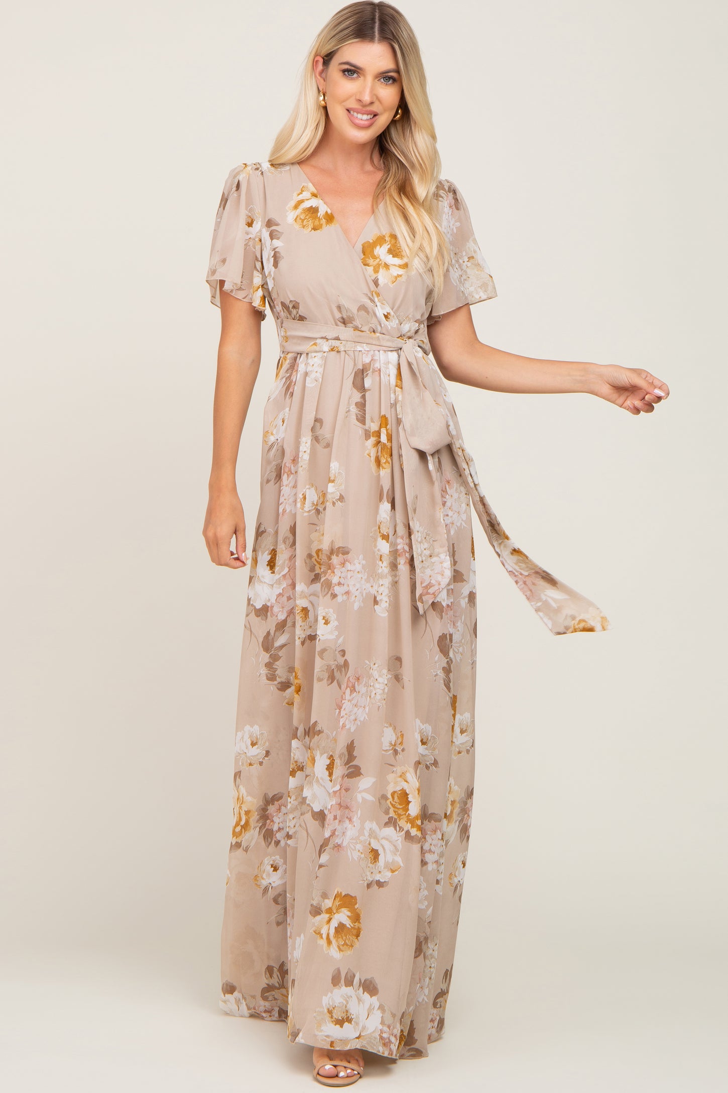 Light Blue Floral Chiffon Wrap Front Short Sleeve Maxi Dress– PinkBlush