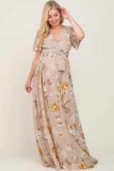 Taupe Floral Chiffon Wrap Short Sleeve Maternity Maxi Dress