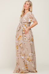 Taupe Floral Chiffon Wrap Short Sleeve Maternity Maxi Dress