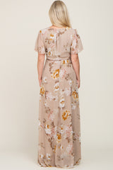 Taupe Floral Chiffon Wrap Short Sleeve Maternity Maxi Dress