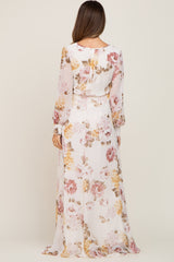 Cream Floral Chiffon Long Sleeve Maternity Maxi Dress