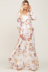 Cream Floral Chiffon Long Sleeve Maternity Maxi Dress