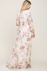 Cream Floral Chiffon Long Sleeve Maxi Dress