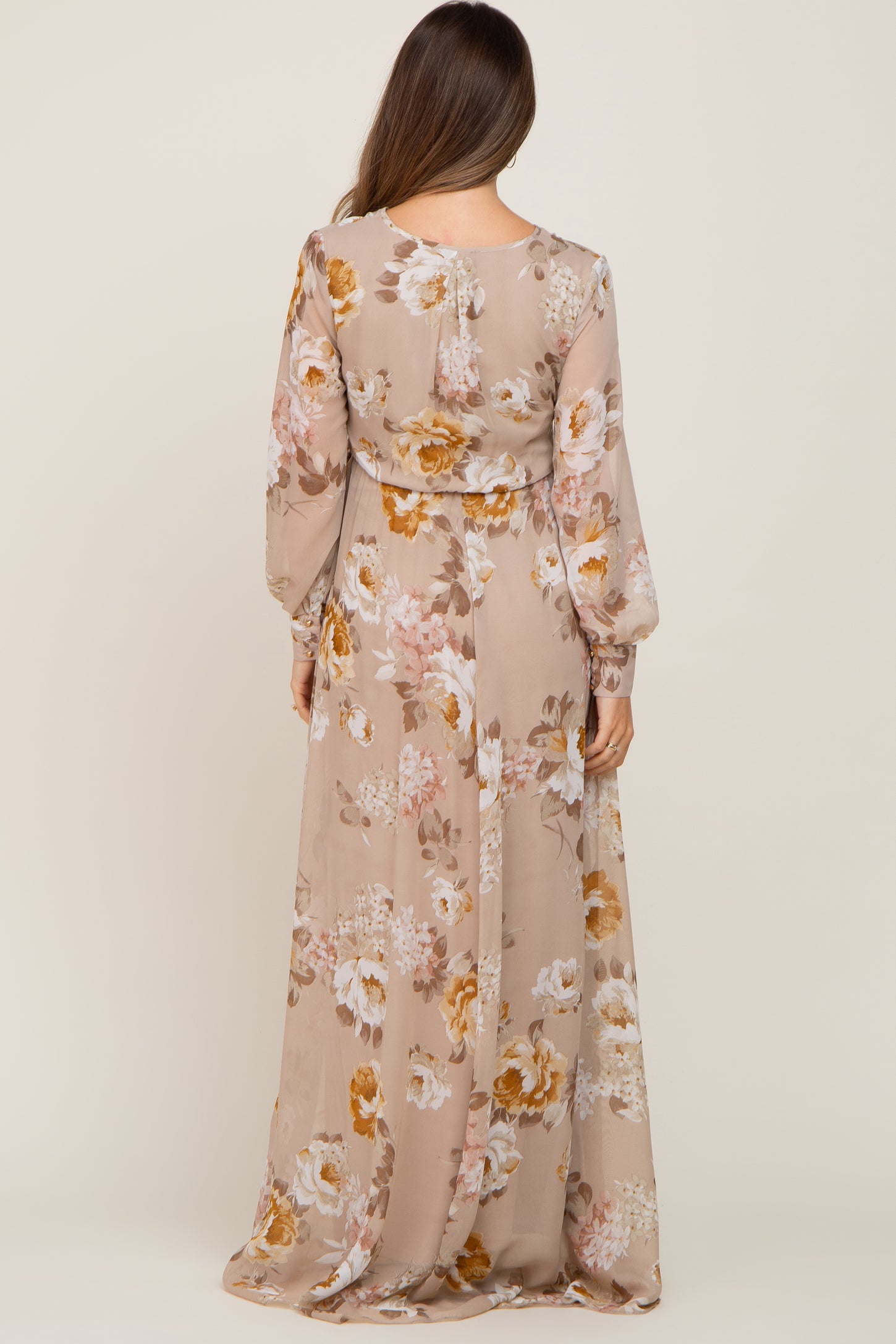 Taupe Floral Chiffon Long Sleeve Maternity Maxi Dress– PinkBlush