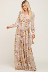 Taupe Floral Chiffon Long Sleeve Maxi Dress