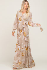 Taupe Floral Chiffon Long Sleeve Maxi Dress