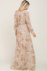 Taupe Floral Chiffon Long Sleeve Maxi Dress