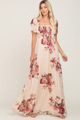 Cream Floral Chiffon Smocked Maternity Maxi Dress