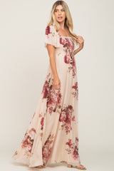 Cream Floral Chiffon Smocked Maxi Dress