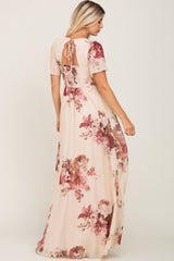 Cream Floral Chiffon Smocked Maxi Dress