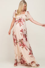 Cream Floral Chiffon Smocked Maternity Maxi Dress