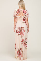 Cream Floral Chiffon Smocked Maternity Maxi Dress