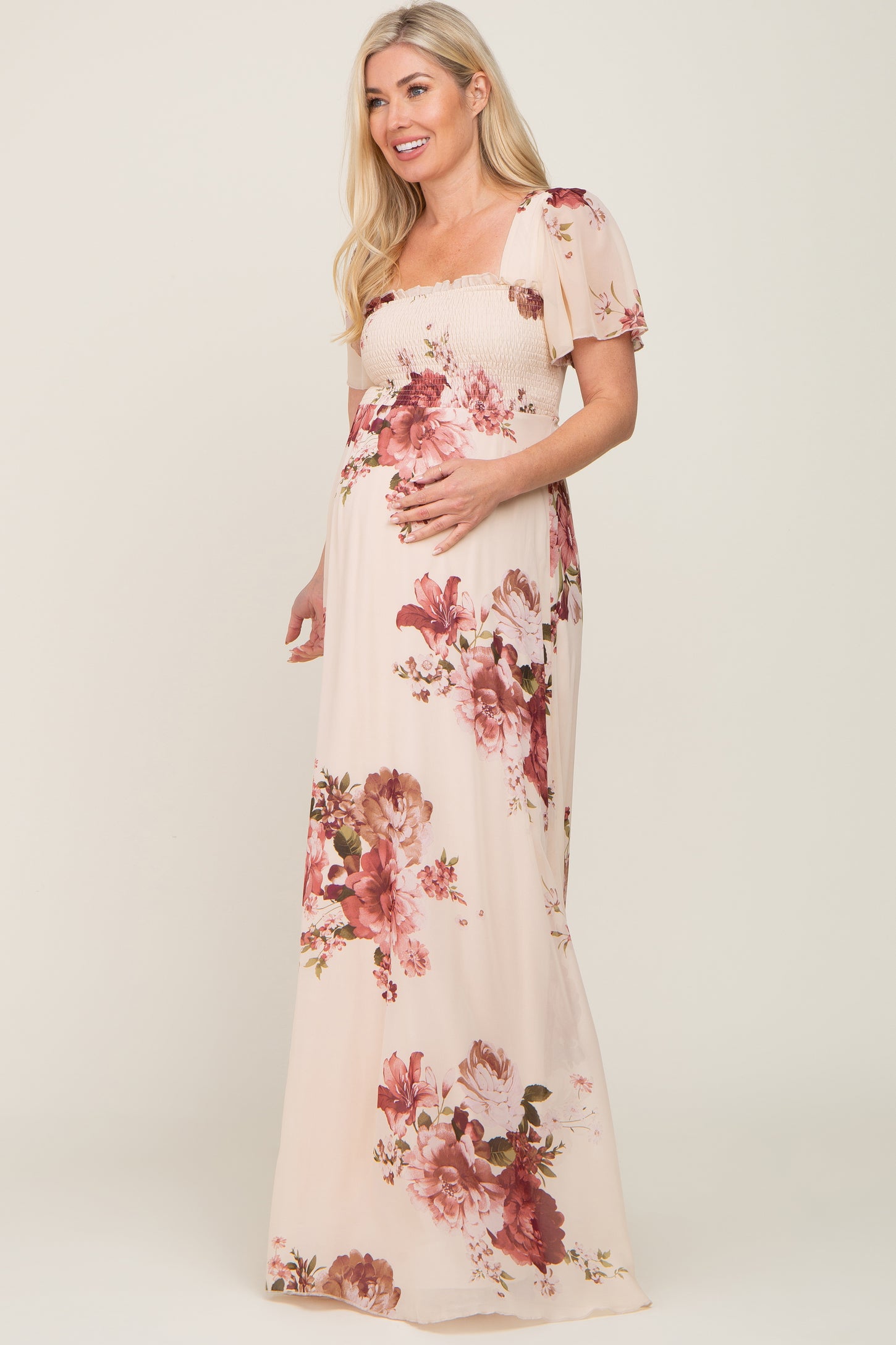 Coco maternity ruffled gown creamy beige. – Pinkstar Maternity Couture