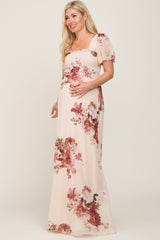 Cream Floral Chiffon Smocked Maternity Maxi Dress