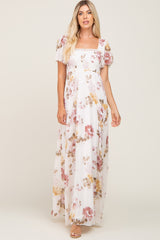 Cream Floral Chiffon Smocked Maternity Maxi Dress