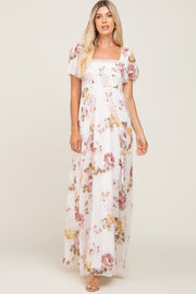 Cream Floral Chiffon Smocked Maxi Dress