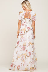 Cream Floral Chiffon Smocked Maxi Dress