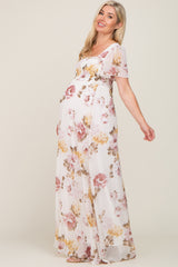 Cream Floral Chiffon Smocked Maternity Maxi Dress