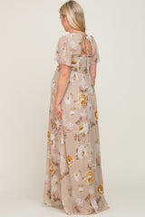 Taupe Floral Chiffon Smocked Maternity Maxi Dress