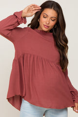 Rust Long Sleeve Ruffle Peplum Maternity Blouse