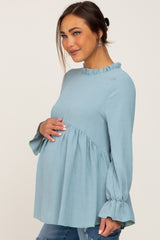 Mint Long Sleeve Ruffle Peplum Maternity Blouse