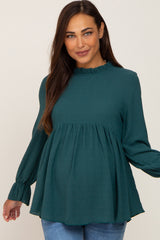 Emerald Green Long Sleeve Ruffle Peplum Maternity Blouse