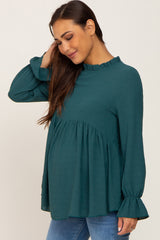 Emerald Green Long Sleeve Ruffle Peplum Maternity Blouse