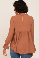 Camel Long Sleeve Ruffle Peplum Blouse