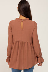 Camel Long Sleeve Ruffle Peplum Maternity Blouse