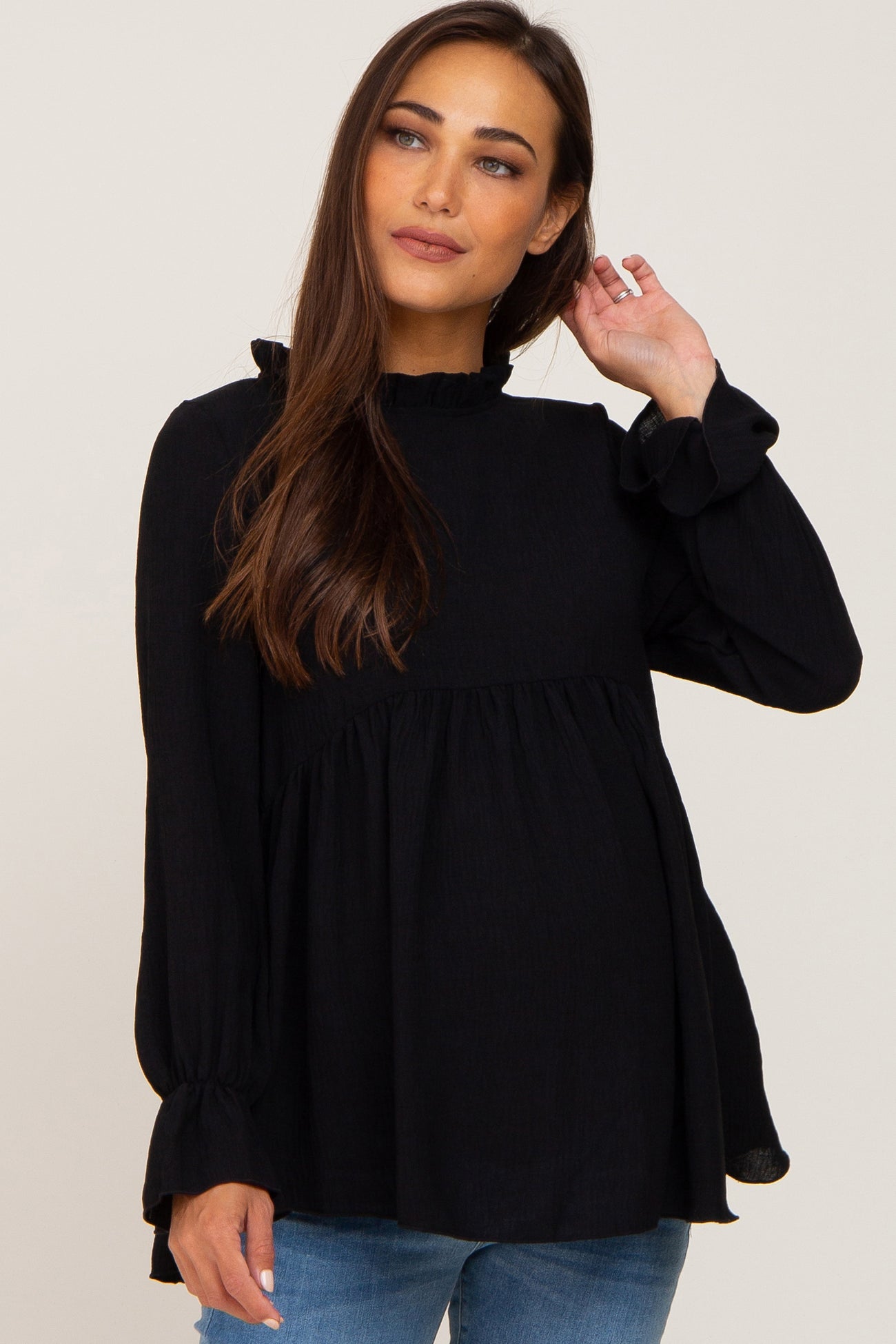 Pink & Black Ruffle Trim Long Sleeve Blouse | Size XSmall