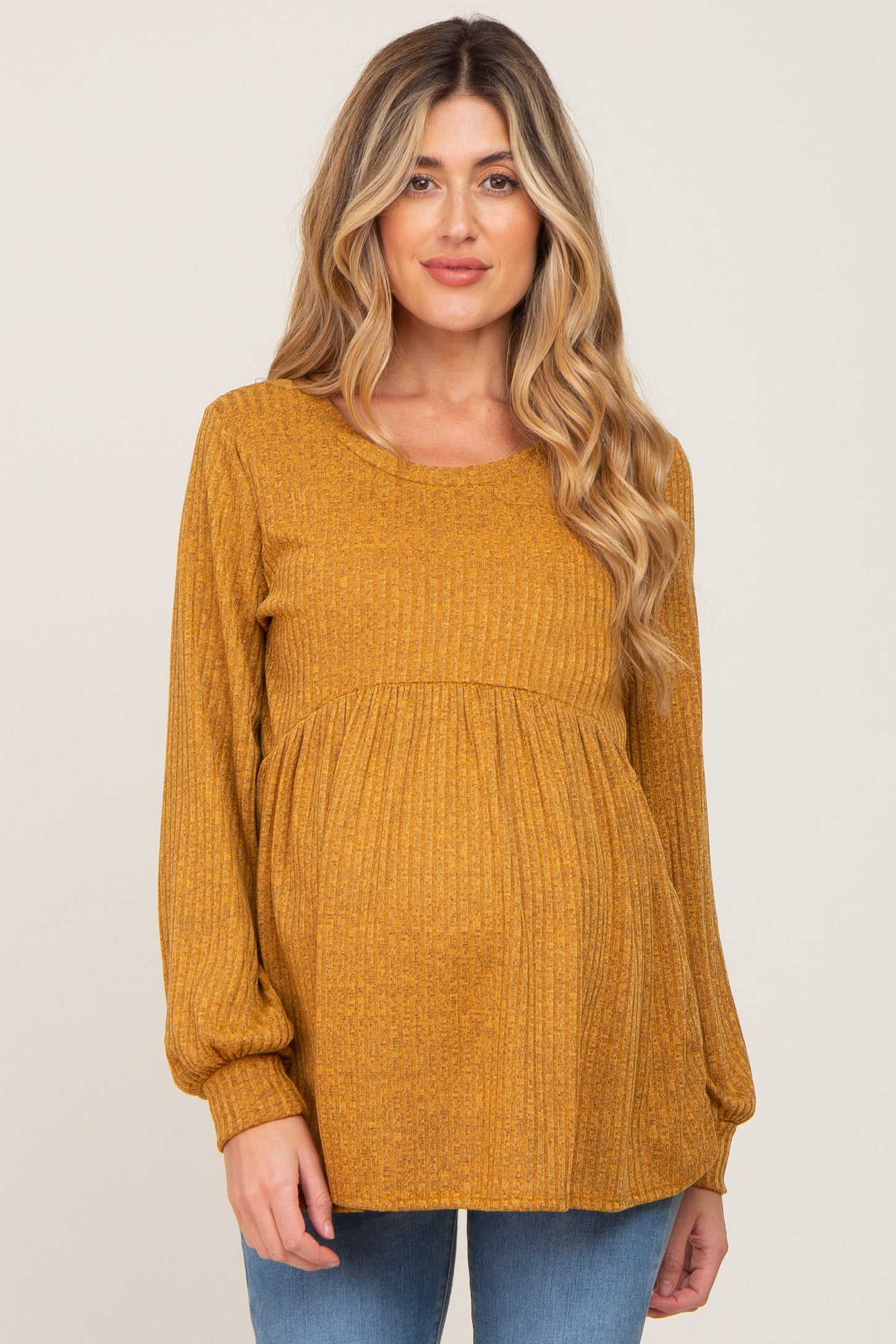 Waffle Long Sleeve Babydoll Top-Mustard