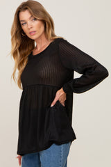 Black Knit Ribbed Babydoll Top