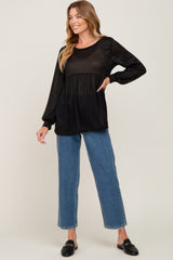 Black Knit Ribbed Babydoll Top