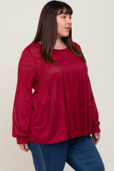 Burgundy Knit Ribbed Babydoll Plus Top