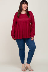 Burgundy Knit Ribbed Babydoll Plus Top