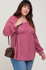 Mauve Knit Ribbed Babydoll Plus Top