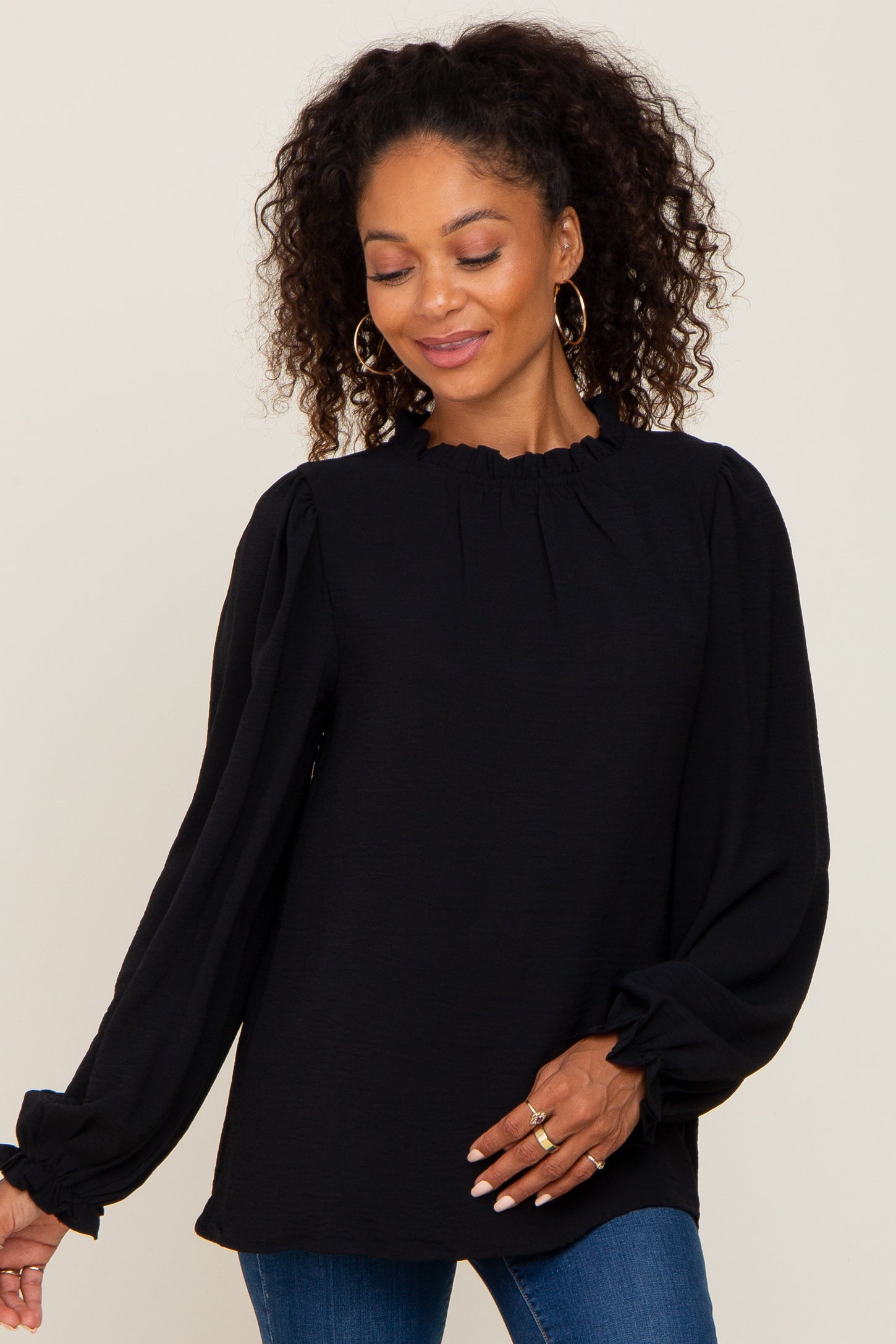 Black Ruffle Neck Long Sleeve Blouse – PinkBlush