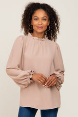 Mocha Ruffle Neck Long Sleeve Blouse